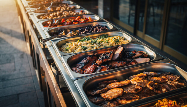 Close-up of catering buffet food in a restaurant on a long table