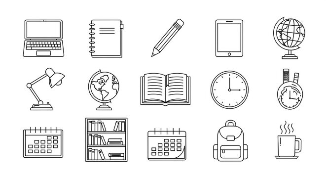 Inspiring workspace icons for school and work projects create a modern, sleek design featuring laptop, notebook, globe, and coffee for a productive and organized feel