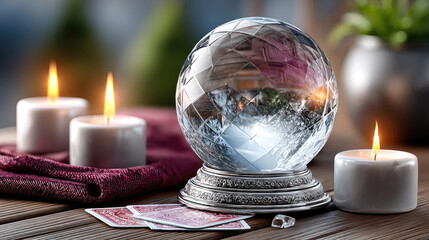 Atmospheric fortune telling scene with glowing crystal ball, tarot cards and burning candles creating mystical mood and esoteric spiritual atmosphere, copy space