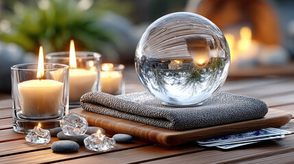 Atmospheric fortune telling scene with glowing crystal ball, tarot cards and burning candles creating mystical mood and esoteric spiritual atmosphere, copy space