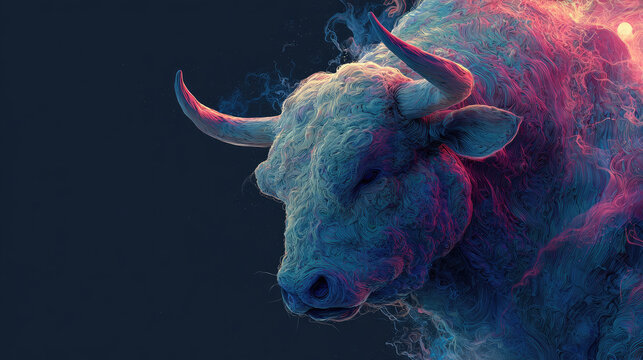 Mystical neon Taurus zodiac sign glowing with cosmic energy, ethereal moonlight and vibrant celestial aura, symbolizing strength, beauty and cosmic power, astrology concept, copy space