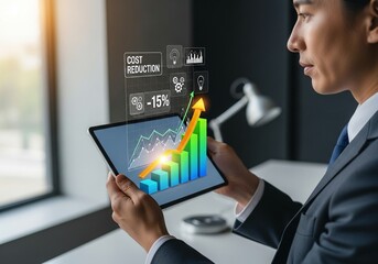 Successful businessman analyzing cost reduction strategies on tablet, showcasing impressive 15% savings with vibrant charts and graphs in a modern office setting