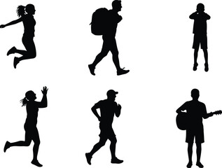 Human silhouette, active poses, jumping, hiking, running, guitar playing, leisure activity, expressive movement, black figures, white background, lifestyle conc