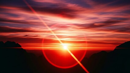 Spectacular fiery sunset with intense lens flare illuminating a serene, cloud-filled horizon