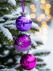 &ldquo;Purple Christmas Ornaments on Snow-Covered Tree Branch &ndash; Elegant Holiday Decoration&rdquo;