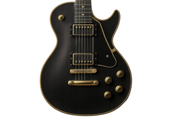 Musical Echoes: a meticulously crafted black electric guitar exudes an aura of both elegance and power, its form sculpted to perfection. The instrument hints at a world of musical expression.