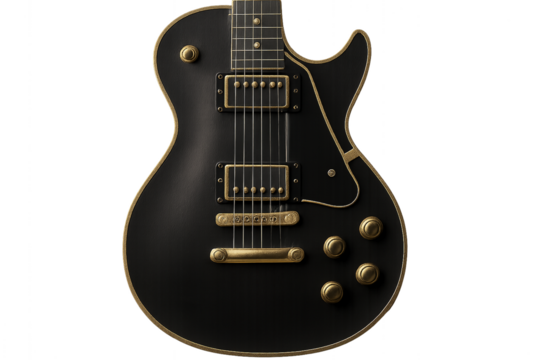 Musical Echoes: a meticulously crafted black electric guitar exudes an aura of both elegance and power, its form sculpted to perfection. The instrument hints at a world of musical expression.