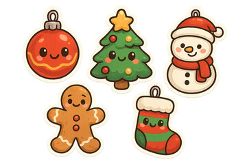 Obraz premium Festive Christmas Cartoon: A cheerful array of Christmas ornaments, including a tree, snowman, stocking, gingerbread man, and bauble, set the stage for the holidays.