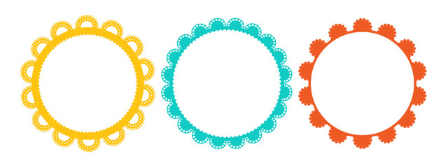 Colorful circular frames featuring intricate lace patterns and wavy scalloped borders. Decorative round designs ideal for embroidery, crochet projects, or vintage aesthetic creations