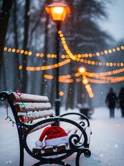 &ldquo;Snowy Winter Park Bench with Santa Hat and Christmas Lights &ndash; Festive Holiday Scene&rdquo;