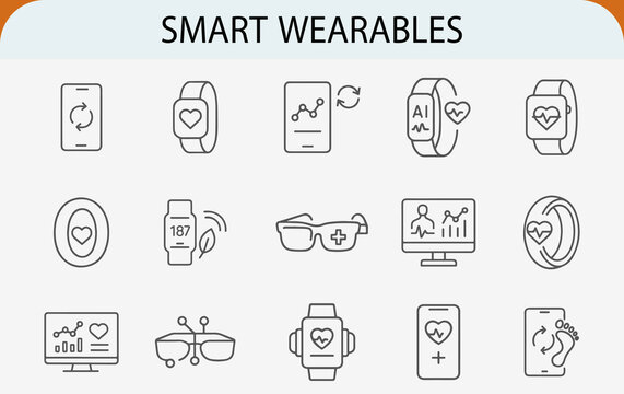 smart wearables line icon set, health monitor fitness technology vector