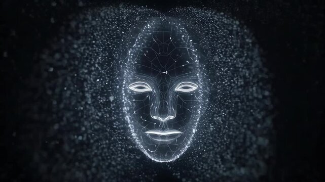 Ethereal digital face emerges from a cosmic dust cloud