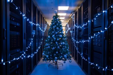 Festive christmas tree standing in the aisle of a modern server room or data center, blending holiday cheer with technology