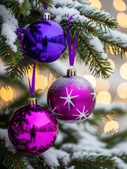 &ldquo;Purple Christmas Ornaments on Snow-Covered Tree Branch &ndash; Elegant Holiday Decoration&rdquo;