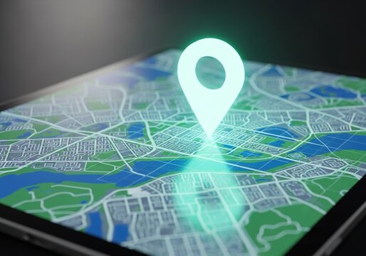 Find your way with glowing map pin on interactive tablet screen showing city streets and waterways for navigation app or delivery service concept