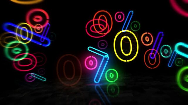 Zero percent sale discount neon symbol. Light color bulbs. 0 promotion offer abstract seamless and loopable concept. 3d flying through the tunnel animation.