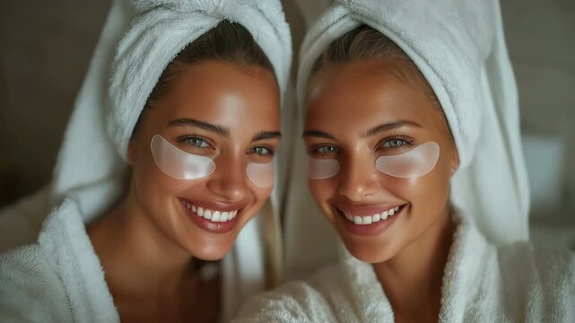 Two contented ladies with towels on their heads and under-eye patches are snapping selfies.