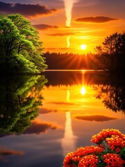 Stunning Sunset Lake Landscape with Vibrant Flowers and Reflections