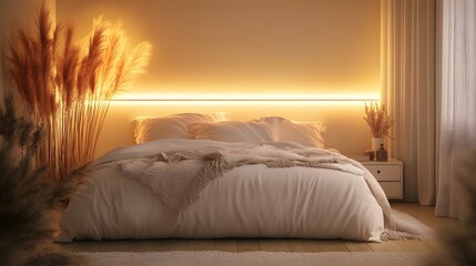 Warm incandescent light illuminates a serene bedroom setup featuring fluffy bedding and decorative grasses