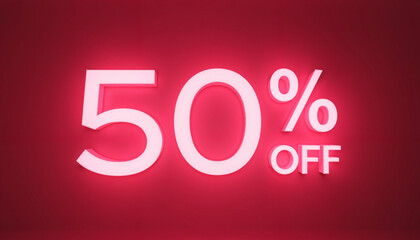 Neon sign displaying 50% off sales promotion on red background  