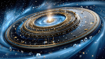 Obraz premium Zodiac wheel spinning on starry night sky, mystical astrology concept with horoscope and star signs, cosmic background, copy space