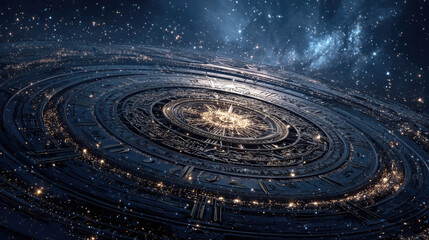 Obraz premium Zodiac wheel spinning on starry night sky, mystical astrology concept with horoscope and star signs, cosmic background, copy space