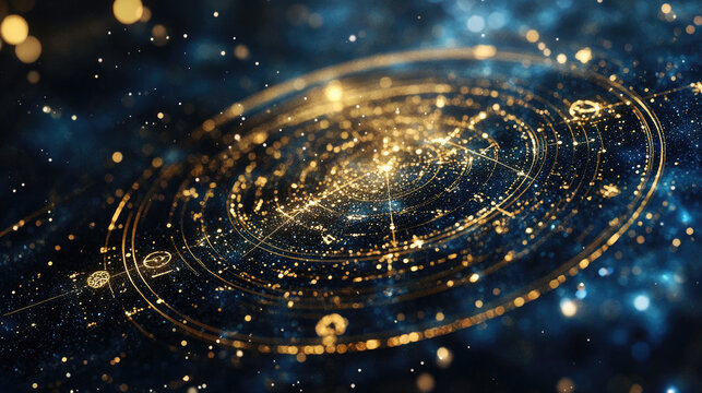 Zodiac wheel spinning on starry night sky, mystical astrology concept with horoscope and star signs, cosmic background, copy space