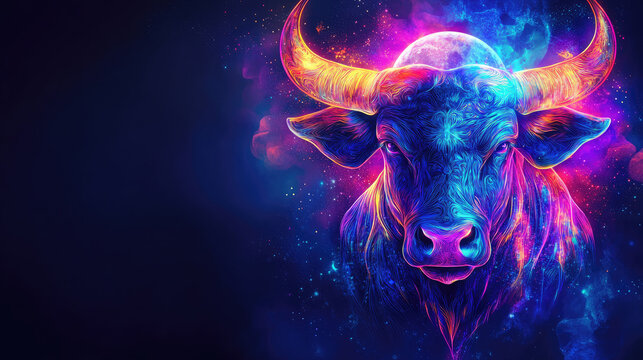 Mystical neon Taurus zodiac sign glowing with cosmic energy, ethereal moonlight and vibrant celestial aura, symbolizing strength, beauty and cosmic power, astrology concept, copy space