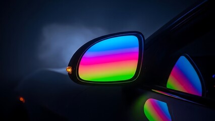 Abstract Rainbow Reflection on a Car Side Mirror in Dim Lighting