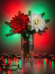 Festive Red and White Flower Bouquet in Glass Vase with Holiday Lights