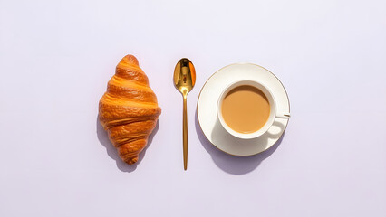Elegant French Breakfast Flat Lay: Croissant, Gold Spoon, and Coffee on Pastel Lavender Background