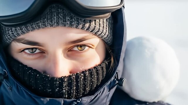 Close-up of a person bundled up in winter gear, holding a snowball, with a focus on their eyes and warm clothing.