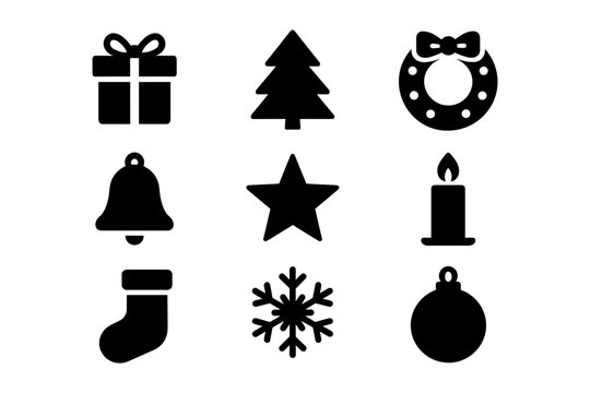 Silhouette christmas icons: gift, tree, wreath, bell, and more for holiday design