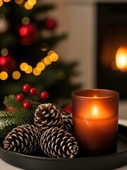 Warm Christmas Candle Decoration with Pinecones and Holiday Lights