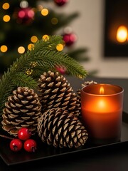 Warm Christmas Candle Decoration with Pinecones and Holiday Lights