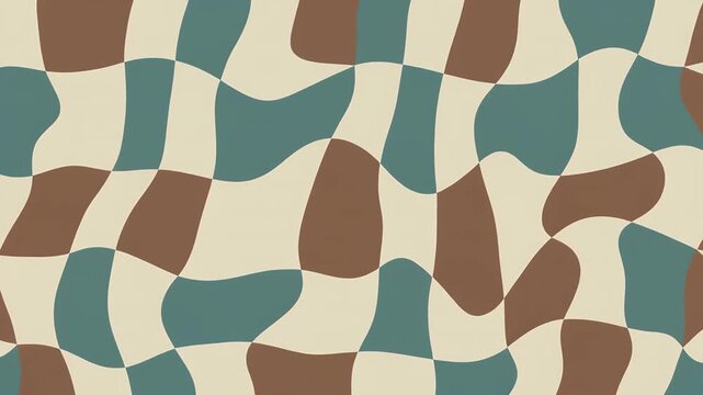 Wobbly checker pattern in cream light brown and faded teal seamless abstract retro geometric background design for modern interiors and digital art visuals