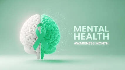 Mental Health Awareness Month Concept: 3D Human Brain with Green Ribbon Symbolizing Support and Well-being