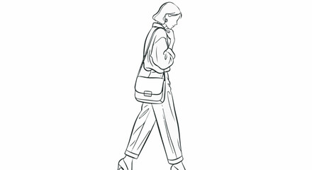Minimalist line art drawing of walking woman with bag isolated on white background
