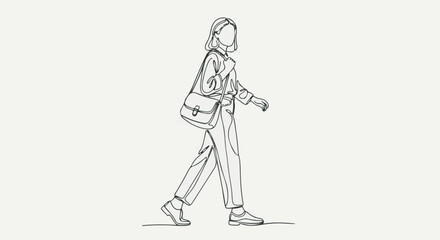 Minimalist single continuous line art illustration of a woman walking with a shoulder bag
