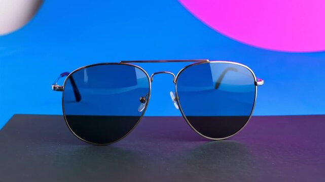 Fashionable aviator-style sunglasses with gold frames and blue lenses sit against a vibrant background