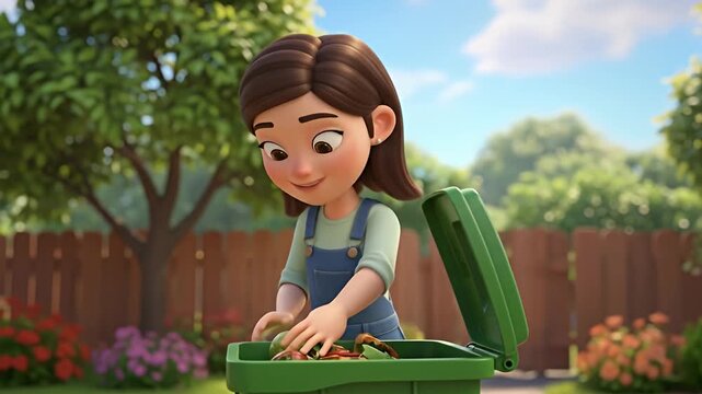 A young girl composting organic waste in her backyard.