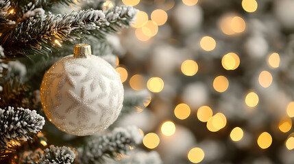 Obraz premium Christmas white decoration ball and spruce tree close-up, bokeh lights background. Merry Christmas.