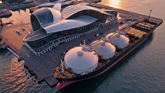 Aerial view of modern gas terminal with large LNG tanker. Sunset reflects on water, creating serene atmosphere. Urban environment showcases industrial hub and maritime activity.