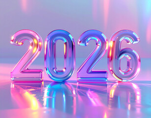 The text 2026 crafted from translucent 3D glass, glowing with vibrant modern colors.