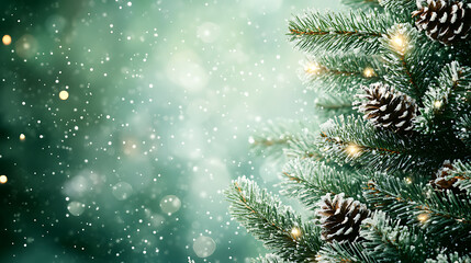 Christmas frame with a Christmas spruce tree on a green snow background. Merry Christmas greeting card, banner, frame, border. Winter holiday festive theme.