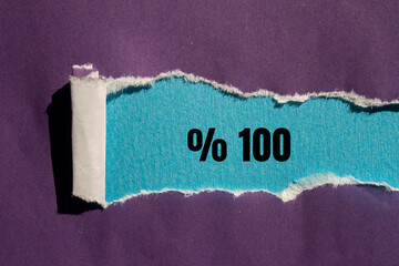 One hundred percent message written on ripped torn paper background. Conceptual One hundred percent...