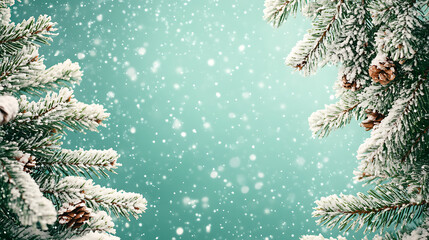 Christmas frame with a Christmas spruce tree on a green snow background. Merry Christmas greeting card, banner, frame, border. Winter holiday festive theme.