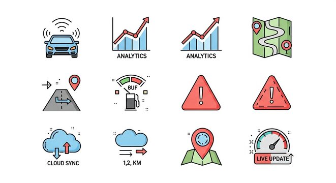 Explore colorful navigation and automotive data icons for web design and apps showcasing analytics, cloud sync, and live updates to enhance user experience