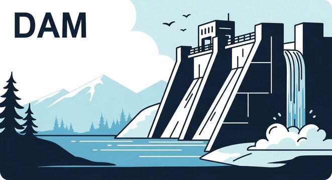 Scenic dam illustration with mountains and birds, a modern design showing nature and engineering working together, perfect for eco-friendly projects and sustainable energy concepts