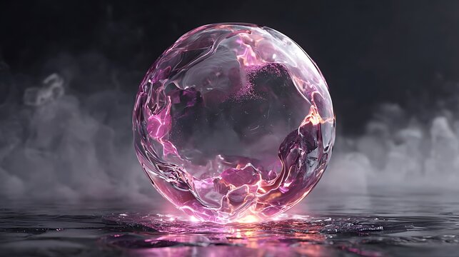 Futuristic holographic sphere design with ambient pink glow on reflective floor